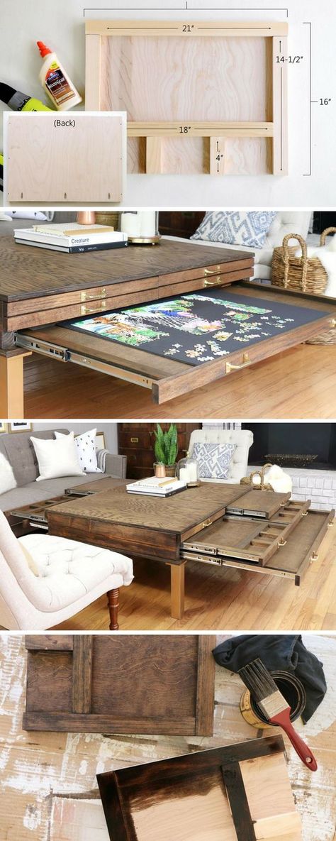 How to Build a DIY Coffee Table with Pullouts for Board Games | Free Project Plan via Homemade by Carmona Craft Tables With Storage, Craft Table Diy, Puzzle Table, Project Plan, Carpentry Projects, Rustic Coffee Tables, Diy Coffee Table, Diy Coffee, Table Plans