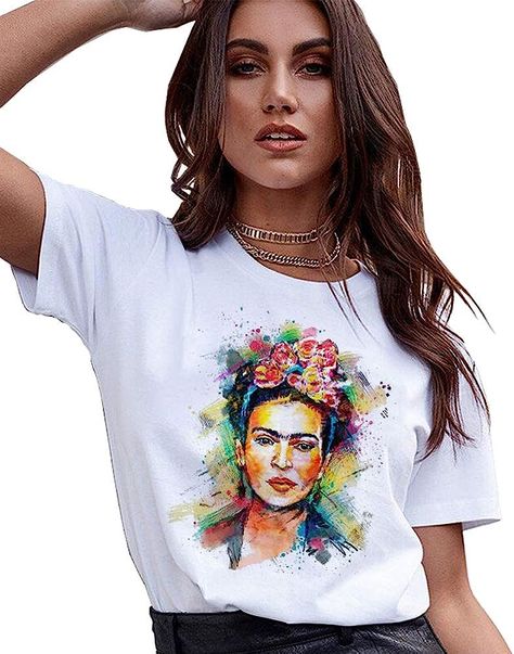 100% Cotton Frida Kahlo Short Sleeve Tee. Perfect for Hispanic Heritage Month. Pair it with a colorful A- Line skirt and Haurache shoes. Frida Kahlo T Shirt, Tan T Shirt, White Short Sleeve Tops, Summer White, Country Shirts, Sleeves Clothing, Short Sleeve Tops, Top Trending, Rave Outfits