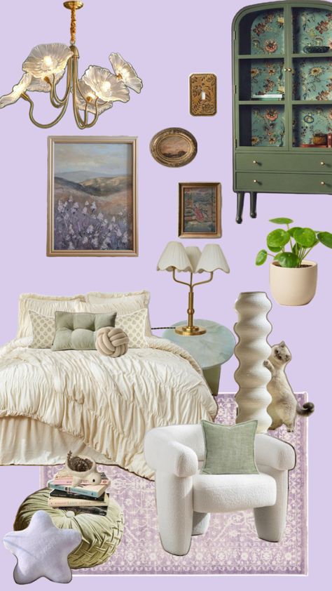 Purple Green Bedroom, Purple And Green Room, Sweet Room, Room Collage, Aesthetic Room Ideas, House Updates, Soft Lavender, Cottage Bedroom, Green Room