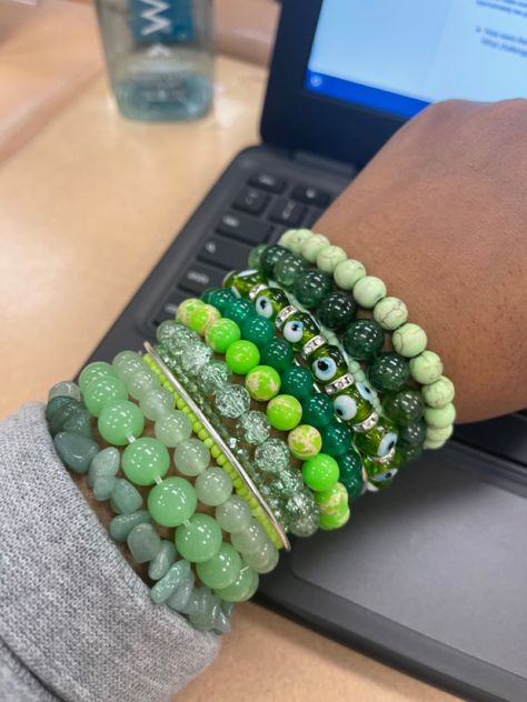 Aesthetic Wrist Bracelets, Green Aesthetic Bracelets, Green Girly Things, Crystal Bracelets Aesthetic, Y2k Bracelets, Gang Love, Body Jewelry Diy, Beaded Bracelet Stack, Charm Bracelets For Girls