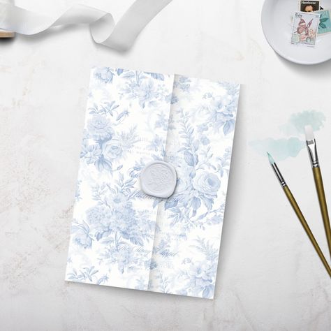 French Blue Toile Wedding Vellum Wrap, Light Blue Vellum Jacket, Floral Vellum Paper, PRINTED Wedding Vellum Wrap, PRE-FOLDED Invite Wrap Blue Toile Wedding, Wedding Vellum, Toile Wedding, Floral Vellum, Velvet Envelope, Vellum Jacket, How To Make Invitations, Vellum Wrap, Toile Design