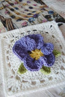 Pattern from Afghans for All Seasons - Book 1 "Pretty Pansies." Crochet Pansy, Crochet Flower Squares, Irish Crochet Flowers, Crochet Hippo, Crochet Squares Afghan, Crochet Garden, Flower Granny Square, Pansy Flower, Crochet Lace Edging