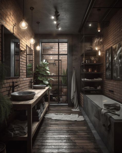 From Modern to Diverse Design Styles Dark Industrial Bathroom, Dark Academia Apartment, Dark Academia Bathroom, Academia Interior, Dark Academia Interior, Warehouse Living, Dark Acadamia, Industrial Style Bathroom, Dark Bathrooms