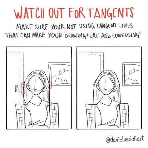 (By "YOUR" I meant "YOU'RE") - Avoid tangents if you want your drawing to have depth and read clearly.  Receive the full tip signing up: daniellepioli.com Comic Tips Character Design, Comic Drawing Tips, Webcomic Ideas, Comic Guide, Webtoon Tips, Storyboard Tips, Webcomic Tips, Drawer Drawing, Webcomic Art