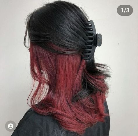 Red Hair Underneath, Red And Black Hair Ideas, Halo Hair Colors, Red Hair Streaks, Black Hair Ideas, Cherry Red Hair, Black Red Hair, Peekaboo Hair, Bold Hair Color