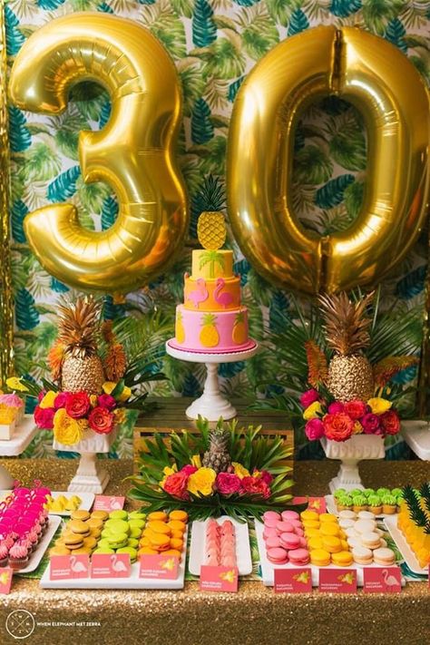 5 Cool Ways to Syle Number Balloons | Pretty Little Party Shop - Stylish Party & Wedding Decorations and Tableware Aloha Party, 30th Party, Fiesta Tropical, Pineapple Parties, 30th Birthday Party, Tropical Birthday, Luau Birthday, Festa Party, Flamingo Party