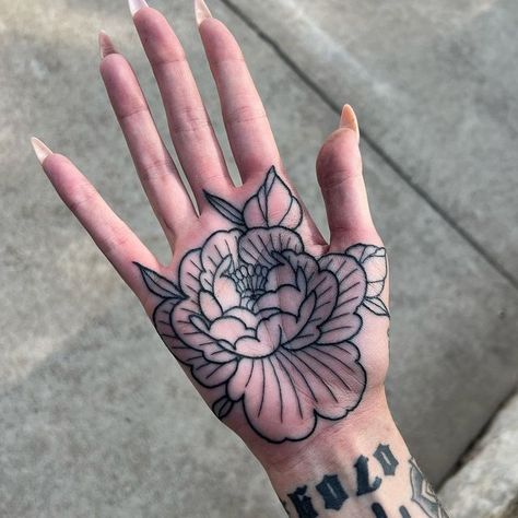 Peony Hand Tattoos For Women, Bold Line Tattoo Ideas, Peony Palm Tattoo, Peony Flower Hand Tattoo, Palm Ornamental Tattoo, Poppy Hand Tattoo, Peony Hand Tattoo, Palm Hand Tattoo, Palm Tattoos For Women