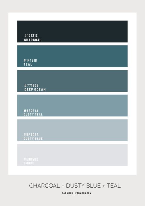 Charcoal, dusty blue and teal bedroom color combos Charcoal And Teal Living Room, Teal Charcoal Color Palette, Petrol Blue Color Palette, Dusty Teal Bedroom, Dusty Teal Color Palette, Dusty Teal Paint Color, Dusty Blue Living Room, Bedroom Color Combos, Dusty Blue Bedroom