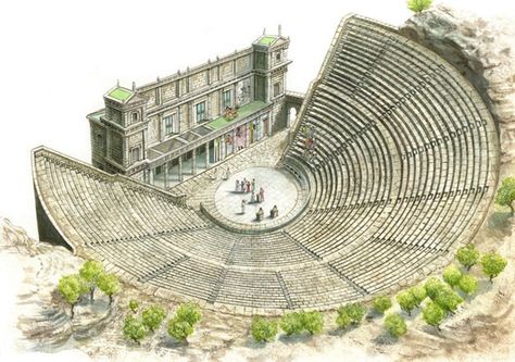 Greek ampitheatre Wine Bottle Drawing, Theatre Drawing, Ancient Greece Aesthetic, Scenic Design Theatres, Ancient Greek Theatre, Greece Architecture, Interior Design History, Theater Architecture, Architectural Floor Plans