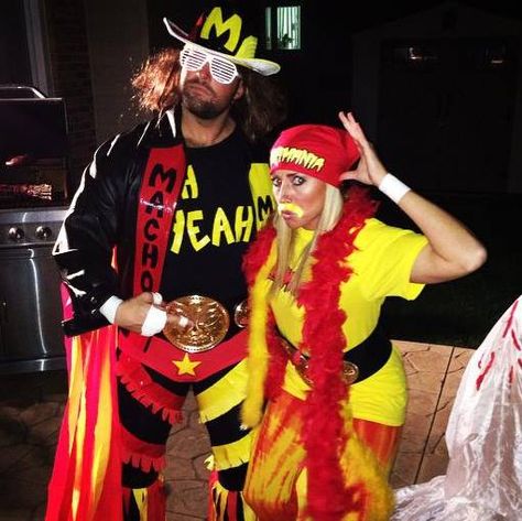 Hulk hogan and macho man Macho Man And Miss Elizabeth Costume, Hulk Hogan And Macho Man Costume, Hulk Hogan Costume Women, Macho Man Costume, Pregnant Costumes, Wwe Halloween, Easy Mens Halloween Costumes, Geeky Halloween Costumes, Halloween Prisoner Costume