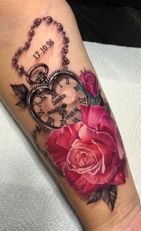 Clock And Rose Tattoo, Watch Tattoo Design, Watch Tattoo, Rose Tattoos For Women, Remembrance Tattoos, Clock Tattoo Design, Butterfly Tattoos For Women, Pocket Watch Tattoo, Watch Tattoos