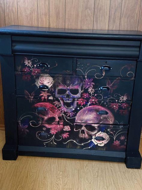 Black And Purple Furniture, Skull Furniture Diy, Diy Goth Dresser Makeover, Goth Painted Furniture, Gothic Furniture Diy Ideas, Gothic Painted Furniture, Goth Upcycle, Gothic Furniture Diy, Gothic Lifestyle