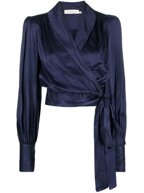 Satin Wrap Blouse, Silk Wrap Top, Jeans Fits, Navy Blue Blouse, Silk Wrap, Wrap Blouse, Blue Silk, Silk Shirt, Blue Blouse