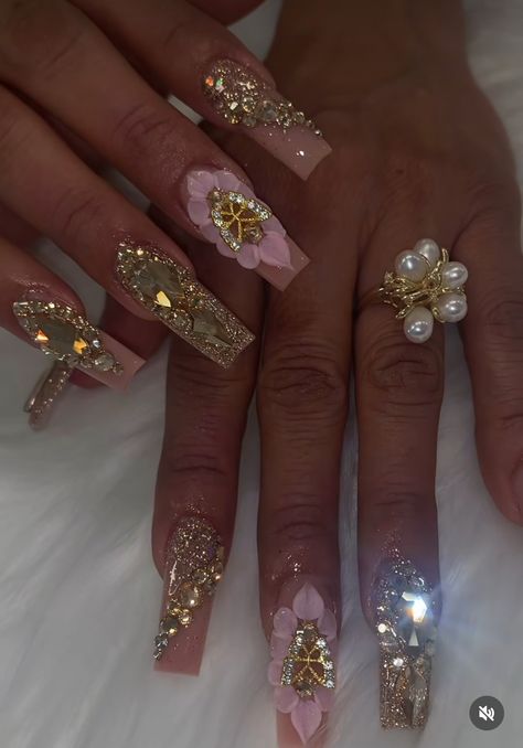 Big Rhinestone Nails, Pink Nails Diamonds Rhinestones, Long Pink Rhinestone Nails, Long Square Acrylic Nails With Diamonds Pink, Multicolored Rhinestone Nails, Pink Righnstone Nails, Sparkle Nails, Diamond Nails, Rhinestone Nails