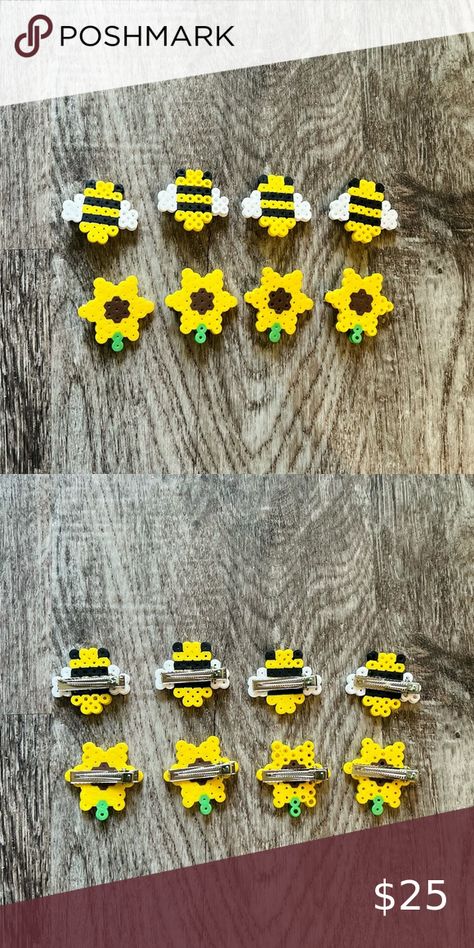 Bumble bee sunflower handmade hair clips barrette perler beads Bee Hama Beads, Perler Sunflower, Perler Bead Bee Pattern, Yellow Perler Bead Patterns, Perler Beads Bee, Sunflower Perler Bead Patterns, Bee Perler Beads, Bee Perler Bead Pattern, Mini Perler Beads Ideas