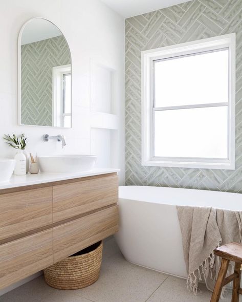 Sage Green Tile, Green Subway Tile, Green Tile Bathroom, Subway Tiles Bathroom, White Bathroom Tiles, Upstairs Bathrooms, Green Tile, Contemporary Bathrooms, Green Bathroom