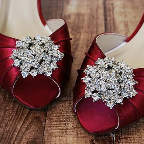 Dark Red Wedding Heels Wide Width Wedding Shoes, Wedding Shoes Red, Wedding Shoes Open Toe, Bling Wedding Shoes, Red Bridal Shoes, Silver Low Heels, Dream Wedding Shoes, Red Kitten Heels, Red Wedding Shoes