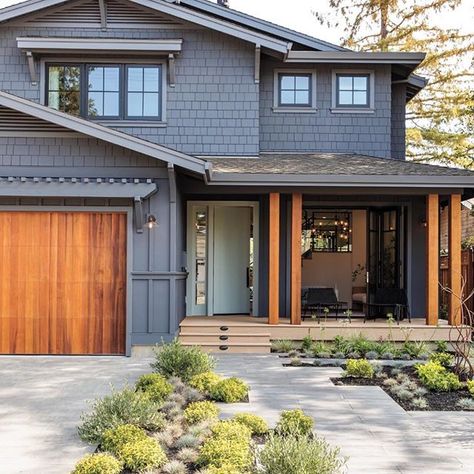 When it came to building Sunset’s Idea House in the land of start-ups, we knew the home had to channel both the region’s creative boldness and its laid-back culture. In this case, it also meant disrupting the classic Craftsman design with an update that’s fit for modern living. The result: a 2018 Idea House that captures Silicon Valley’s pioneering spark as well as Sunset’s signature Western spirit.  .  Pavers: @belgardoutdoorliving  Deck: @azekbuildingproducts  Paint: @benjaminmoore i Front Of House Design, Grey Exterior House Colors, Gray House Exterior, Metal Building Home, Rustic Exterior, Grey Exterior, Front Door Colors, Metal Building Homes, Front Of House