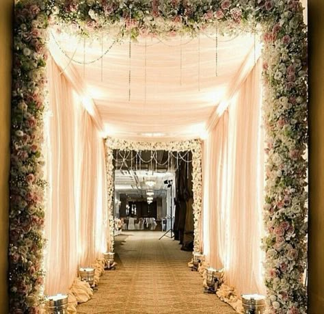 Wedding Walkway, Wedding Reception Entrance, Hall Decorations, Reception Entrance, Wedding Hall Decorations, Wedding Entrance Decor, Wedding Stage Design, Desi Wedding Decor, Wedding Backdrop Decorations