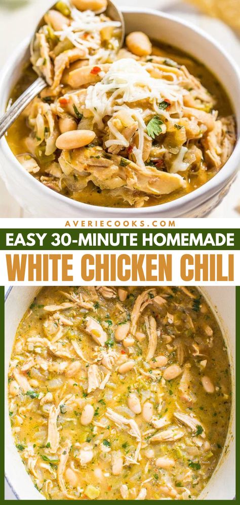 EASY White Chicken Chili Recipe (30 Minutes!) - Averie Cooks Stovetop Chicken Chili, Low Sodium White Chicken Chili, Crock Pot Chicken Chili Recipes, Stove Top White Chicken Chili, Ww White Chicken Chili, Homemade White Chicken Chili, White Chicken Chili Recipe, White Bean Chicken Chili, Main Entrees