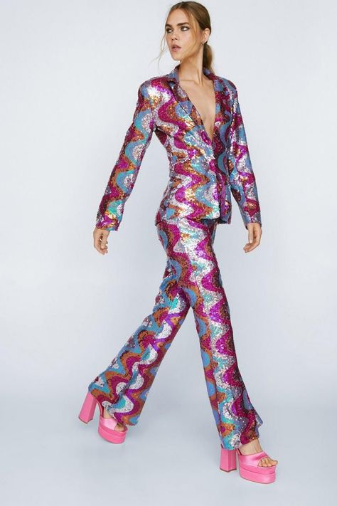 Wave Sequin Blazer Two Piece Pant Set-Pink [Pre-Order] Flare Leg Trousers, Sequin Flare Pants, Outfits 70s, Sequin Blazer, Stage Costume, Flare Leg Pants, Really Cute Outfits, Rave Outfits, Festival Outfits