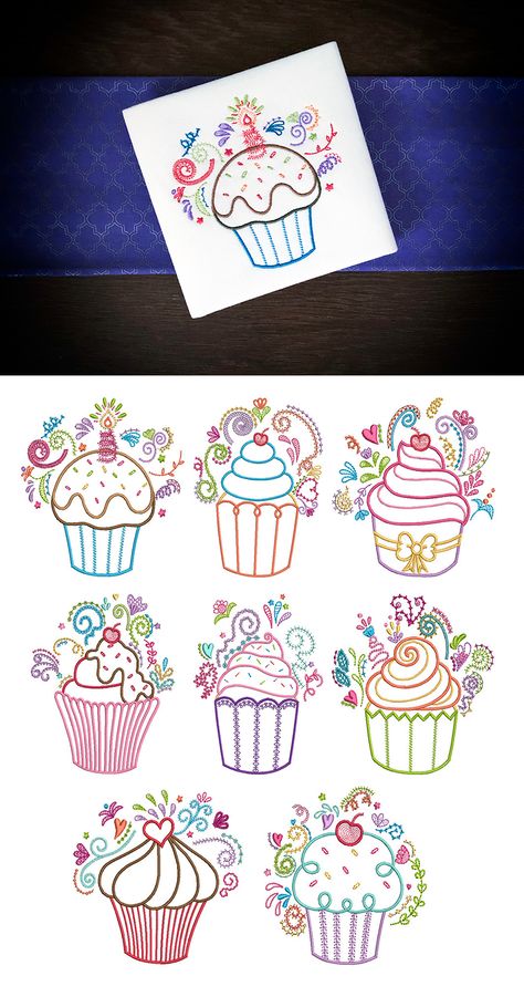 Embroidery Cupcake, Cupcake Embroidery Patterns, Cupcake Doodle, Cupcake Embroidery, Clothespin Crafts Christmas, Machine Embroidery Designs Projects, Diy Embroidery Patterns, Stitch Book, Handwork Embroidery Design