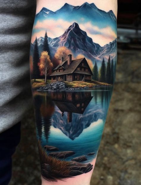 Nature Tattoos Colorful, Color Sleeve Tattoos For Men, House By A Lake, Scenic Tattoo, Forest Tattoo Sleeve, Waterfall Tattoo, Outdoor Tattoo, Forearm Cover Up Tattoos, Scenery Tattoo