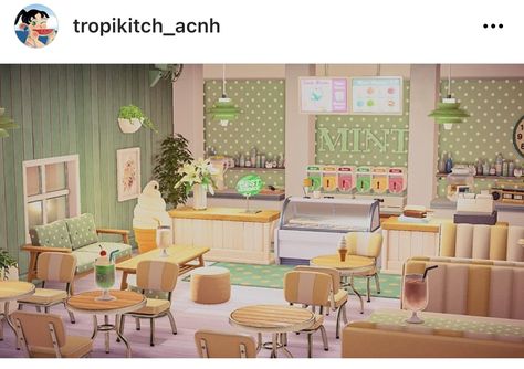 Acnh Ice Cream Parlour, Ice Cream Parlor Acnh, Acnh Ice Cream Shop Ideas, Animal Crossing Ice Cream Shop, Acnh Ice Cream Shop, Acnh Builds, Gelato Shop, Happy Home Designer, Mint Ice Cream