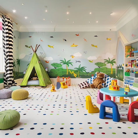 21 Fun Kids Playroom Ideas Playroom Wallpaper Ideas, Playroom Paint, Kids Playroom Ideas, Cubby Bins, Playroom Wallpaper, Small Bookshelf, Playroom Ideas, Geometric Throw Pillows, Cool Tables