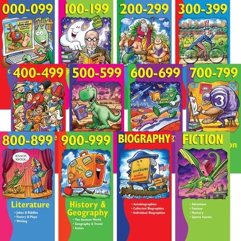 Demco.com Dewey Decimal Illustrated Poster Set Library Slogans, Reading Goals Bulletin Board, School Library Organization, Library Classification, School Library Lessons, Library Rules, School Library Decor, Library Signage, Reading Genres