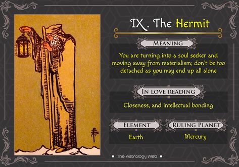 The Hermit tarot card upright and reversed meaning, reading in love, what does the Hermit card mean in past, present, future, other combinations The Hermit Tarot Meaning Love, The Hermit Meaning, Justice Card Tarot, The Hermit Tarot Meaning, Hermit Tarot Card Meaning, Justice Tarot Card Meaning, Hermit Card, Tarot Advice, Justice Tarot Card