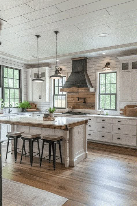 White Kitchen With Rustic Wood Accents, Shiplap Backsplash Kitchen, Modern Farm Kitchen, Rustic Farmhouse Exterior, Rustic House Decor, Farmhouse Exterior Ideas, Farmhouse Kitchen Designs, House Decor Farmhouse, Farm Style Kitchen