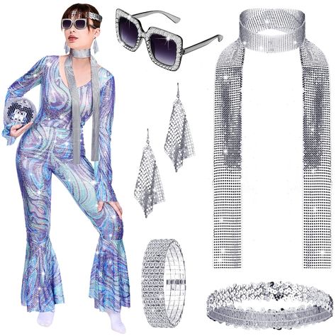 PRICES MAY VARY. Complete and Various: you will receive a set of disco costume, which includes a set of disco jumpsuit, a sequin headband, a 4 row diamond bracelet, a sequin scarf, a pair of sunglasses and a pair of sequin earrings Attractive and Shiny: the disco outfit is designed shiny, and the patterns of the jumpsuit are eye catching, which can easily attract attention and show curves, making you stand out from the crowd Easy to Wear: the disco dress has 3 size for you to choose, including L 80 Disco Party Outfit, Retro Disco Outfit, Jumpsuit Jewelry, Disco Costume For Women, Disco Accessories, Diamond Costume, 70s Disco Dress, Disco Party Outfit, Disco Outfits