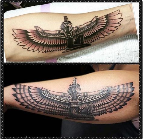 Egyptian Goddess Isis tattoo Goddess Maat Tattoo, Maat Egyptian Goddess Tattoo, Maat Tattoo, Ma'at Tattoo, Egyptian Sleeve, Egyptian Goddess Tattoo, Wings Tattoo Meaning, Phönix Tattoo, Egyptian Tattoo Sleeve