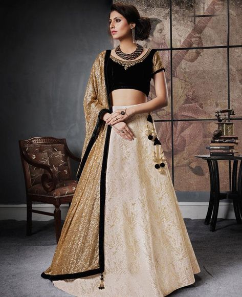 gold and off white lehenga - Google Search Kerala Engagement Dress Hindus, Kerala Engagement Dress, Engagement Dress For Groom, Bride Reception Dresses, Gold Lehenga, Silk Lehenga Choli, Wedding Dresses Indian, Wedding Dress Prices, Indian Women Fashion