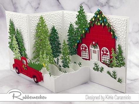 Fun Fold Card Ideas, Truck Cards, Folded Christmas Cards, Pop Up Christmas Cards, Box Cards Tutorial, Tarjetas Pop Up, Fancy Fold Card Tutorials, Stampin Up Christmas, Up Book