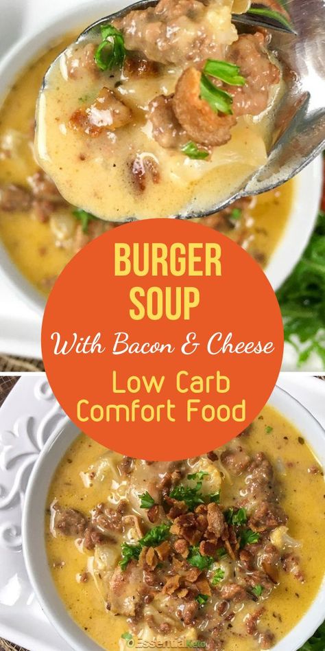 A delicious and filling soup perfect for cold winter evenings. A healthy cheeseburger in a bowl with none of the unwanted carbs... Cheese Burger Soup Keto, No Carb Soup, Cheeseburger Soup Keto, High Protein Soup Recipes, Easy Keto Soup Recipes, Healthy Cheeseburger, Low Carb Soups, Cheeseburger Soup Recipe, Low Carb Comfort Food