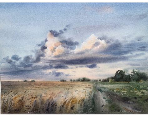 Wheat Painting, Cloudy Landscape, Sky Watercolor, Landscape Watercolour, Watercolor Nature, Watercolor Art Landscape, Watercolour Landscape, Landscape Sky, Watercolor Architecture