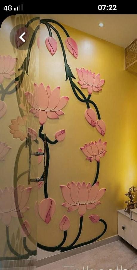 Lotus Mural Wall Art, Pooja Room Wall Painting, Mandir Wall Painting, Mural Art Design, Indian Room Decor, India Home Decor, Temple Design For Home, Indian Home Design, Creative Wall Decor