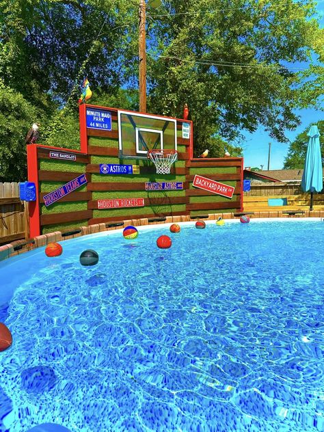 Pool Slide Diy, Above Ground Pool Slide, Goal Wall, Pool Basketball, Basketball Goal, Dream Backyard Pool, Outdoor Pool Area, Pool Hacks, Swimming Pool Landscaping