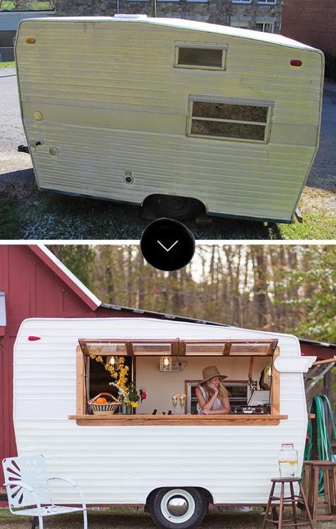 Before & After: 1971 Shasta Camper Makeover Foodtrucks Ideas, Trailer Makeover, Camper Vintage, Camper Diy, Shasta Camper, Kombi Motorhome, Mobile Coffee Shop, Camping Vintage, Coffee Trailer