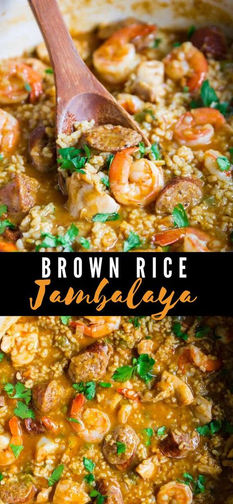 Brown rice jambalaya is a flavorful one-pot dish with shrimp, sausage, and chicken. Jambalaya is a popular southern dish that's loaded with spices and flavor Shrimp Jumbalya, Sausage And Chicken Jambalaya, Brown Rice Jambalaya, Jumbolia Recipes, Jambalaya Crockpot, Dish With Shrimp, Jambalaya Recipe Crockpot, Brown Rice Recipes Easy, Shrimp Jambalaya Recipe