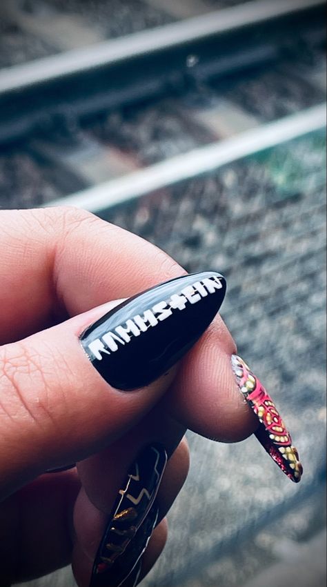 #rammstein #rammsteinband #gelnails #freehandletters #freehandnailart #nailart Budapest Nails, Rammstein Nails, Nerd Nails, Themed Nails, Girly Acrylic, Girly Acrylic Nails, Under The Influence, Samara, Nail Inspo