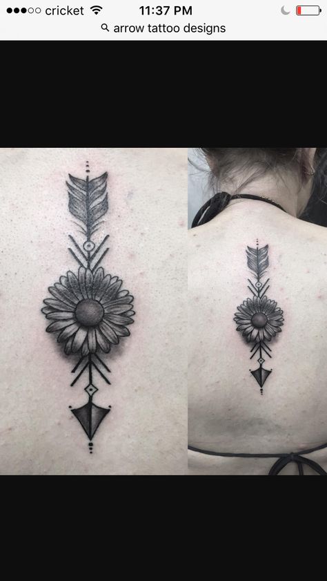 Arrow + Sunflower Tattoo Foot Tattoos For Women Flowers, Spine Tattoo Designs, Sunflower Tattoo Thigh, Sunflower Tattoo Simple, Sunflower Tattoo Sleeve, Sunflower Tattoo Shoulder, Arrow Tattoo Design, Foot Tattoos For Women, Quality Tattoo