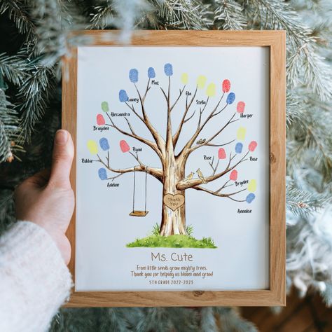 This is a great way for students to show their teacher how much they appreciate them! This is a beautiful gift, that every teacher will cherish forever! It has a little remembrance of each student on it! Have the class add their fingerprints and sign their names as leaves on this tree—Then the teacher can frame it for a keepsake! Presents For Teachers End Of Year, Teacher Retirement Gifts From Students Class Projects, Teacher Fingerprint Gift, Fingerprint Teacher Appreciation Gift, Thanks For Helping Us Grow Fingerprint, Thumb Print Tree For Teacher, Teacher Gifts From Class, Teacher End Of Year, Student Teacher Gifts