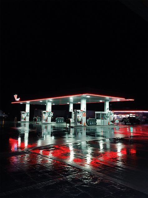 rainy gas stations on road trips Gas Stations Aesthetic, Liminal Gas Station, Rainy Gas Station, Gas Station Night Aesthetic, Late Night Gas Station Aesthetic, Neon Gas Station, Gas Station At Night, Gas Station Aesthetic, Texaco Gas Station