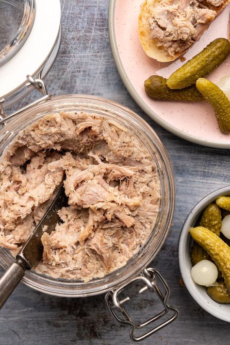 Classic French Pork Rillettes French Country Pate Recipe, Chicken Rillettes Recipe, Pork Rillettes Recipe, Pork Rillettes French, Smoked Trout Pate Recipe, Smoked Trout Rillette, Rillettes Recipe, Vegan Pate, Terrine Recipe