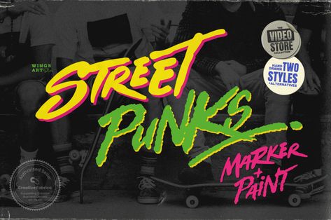 Street Punks is an awesome, graffiti-styled display font that has a futuristic, street art vibe. This font is suitable for designs such as t-shirts, sportswear, logos, advertisements, clothing, and more. Try before you buy Street Punks font for iOS, Android, macOS, or Windows for free, or you can download the full version with a commercial […] Get your free download of the Street Punks Font now at FreeFontD... Paint Brush Font, Punk Font, Paint Styles, Retro Graffiti, Graffiti Pens, Font Ideas, Skate Culture, Street Punk, Wings Art