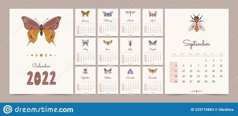 September Calendar, Creative Calendar, Digital Calendar, Calendar Template, Calendar Printables, Scandinavian Style, Kid Room Decor, Moth, Graphic Resources