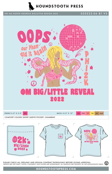 #sorority #fraternity #greeklife #phimu #OM #phi2k #y2k #biglittlereveal #brittanyspears #customdesign #lovethelab // Houndstooth Press Custom Apparel Diy Sorority Shirts, Sorority Tshirt Designs Ideas, Sorority Tshirt Designs, Phi Mu Shirts, Sorority Clothing, Sorority Tees, Sorority Shirt Designs, Sorority Events, Event Shirts